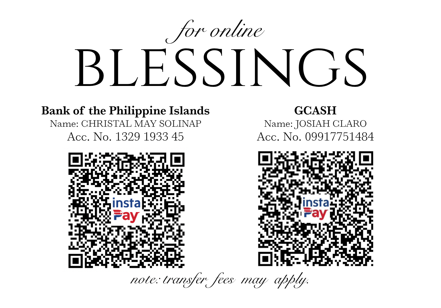 Online gift QR codes for BPI bank transfer and GCash, with account details for Christal May Solinap and Josiah Claro